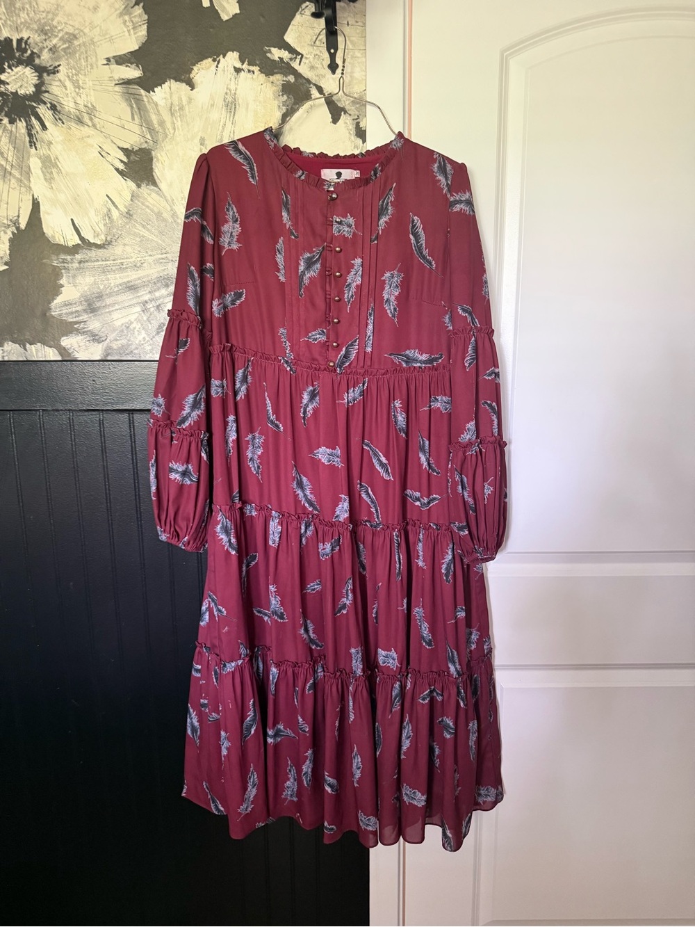 Dainty Jewells Burgundy Feather Print Tiered Midi Dress